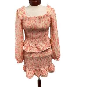 Smocked Floral Skirt Blouse Set Ruffle Cottagecore Feminine Size Medium Peplum